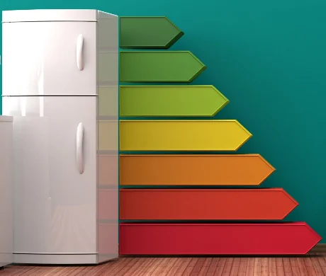 Refrigerator with energy efficiency rating labels. Image for article on eco-friendly household appliances.